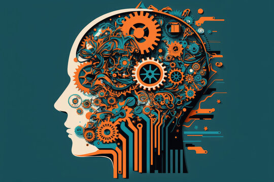 brain with gears and cogs representing creative business solutions, generative ai