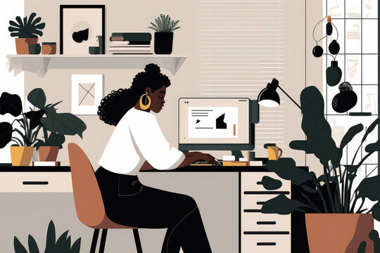 Black Businesswoman working from home office, generative ai