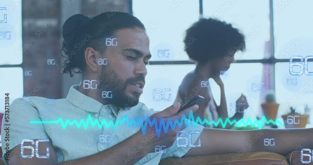 Poster Animation of 6g text and data processing over diverse man using smartphone