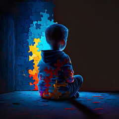 World autism awareness day. Little boy sitting before the wall made from jigsaw puzzle pieces. Child autism concept. Generative AI