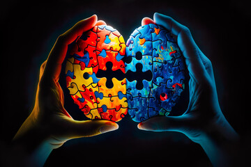 World autism awareness day. Hands holding brain made from jigsaw puzzle pieces. Mental and brain illness.  Generative AI - Powered by Adobe