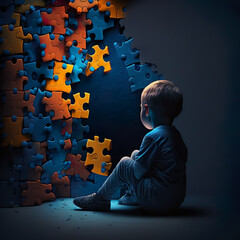 World autism awareness day. Little boy sitting before the wall made from jigsaw puzzle pieces. Child autism concept. Generative AI