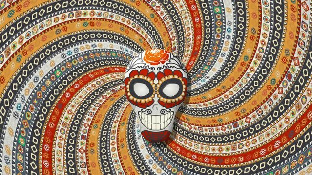 Sugar skull mask over a rotating spiral background, loop animation