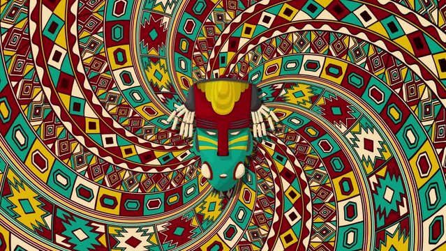 Tribal mask over a rotating spiral background, loop animation