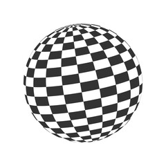 Checkered globe. 3D sphere icon. Orbit model, spherical shape. Ball with black and white squered pattern. Circle chessboard figure. Optical illusion