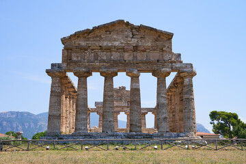 Front view on the Athena Temple from the Unesco World Heritage Site in Paestum. The facility is...