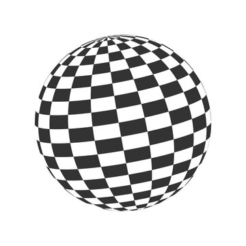 Checkered globe. 3D sphere icon. Orbit model, spherical shape. Ball with black and white squered pattern. Circle chessboard figure. Optical illusion