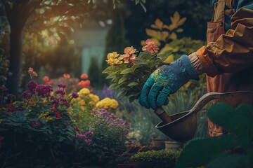 Fototapeta premium person surrounded by a lush and colorful garden filled with a variety of plants, concept of Gardening and Flora, created with Generative AI technology