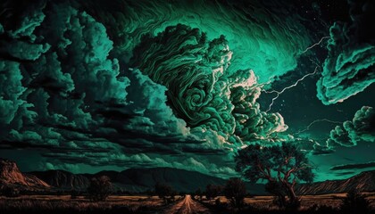 Fototapeta na wymiar Green swirling storm in the sky.