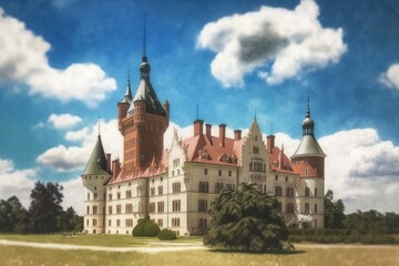 Fototapeta na wymiar Picturesque castle at Moszna, Silesia, Poland, close to Opole, taken in June 2018. Generative AI