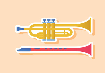 Musical trumpet sticker. Red flute and golden trumpet, jazz instruments. Orchestra equipment for performance and rehearsals. Creativity and art. Cartoon flat vector illustration