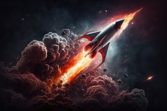 To send a rocket into space with no problems is a huge accomplishment. Smoke and explosions accompany the spaceship's ascent into space. Starry backgrounds. Generative AI