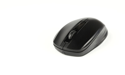 Black wireless computer mouse on a white background.