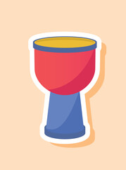 Musical drum sticker. Tool for creating percussion and rhythm in melodies and songs, compositions. Toy for developing creative skills in children. Cartoon flat vector illustration
