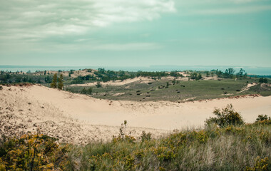 Looking across the sand dunes of Sleeping Bear Dunes National Lakeshore and toward Lake Michigan