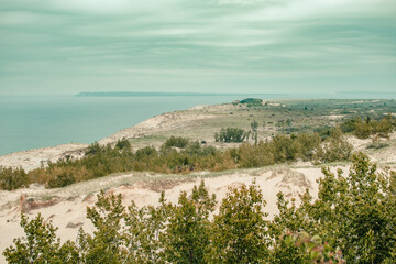 Fototapeta premium Looking across the sand dunes of Sleeping Bear Dunes National Lakeshore and toward Lake Michigan
