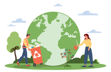 Save planet concept. Man and woman collect garbage on background of globe. Eco friendly society, reducing emission of harmful waste and caring for environment. Cartoon flat vector illustration