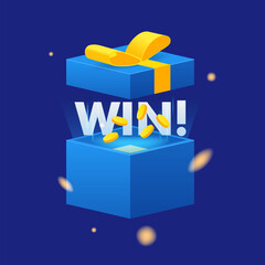 WIN text. Open blue box with confetti explosion inside and golden coins and win word. Flying particles from giftbox vector illustration on blue background