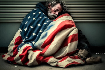 Homeless man sleeps on the pavement in the USA, hiding behind the American flag, Generative AI