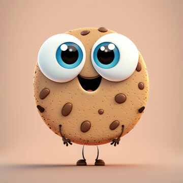 3d cartoon cookie character. Sweet cookie with chocolate crumbs and big eyes isolated on pink, background. Cute dessert classic round cookie. 3d render illustration. Generative AI art.