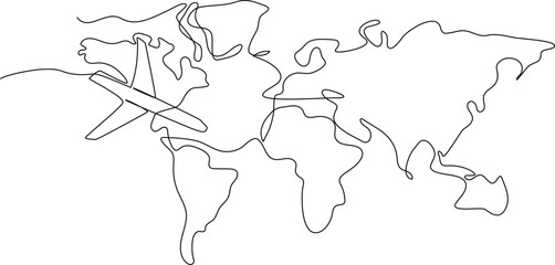 Continuous one line drawing World Travel Map and air plane. World traveler Concept. Single line draw design vector graphic illustration.