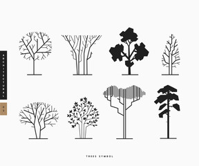 Side view, set of black graphics trees elements outline symbol for architecture and landscape design drawing. Natural icon. Vector illustration