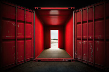 View through a red shipping container, doors open. Generative AI