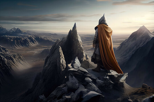 A Wizard Standing Atop A Mountain Peak, Surveying The Landscape - Generative AI