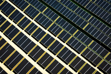 Array (farm) of solar panels, top down view. Generative AI