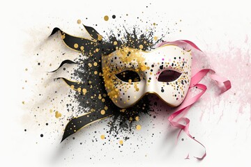 Copy space with a pink Venetian mask and confetti on a white backdrop. Generative AI