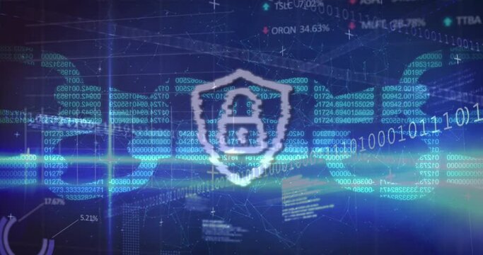Animation of security chain and padlock icon against stock market data processing and binary coding