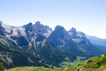 Mountain range landscape. Rolle pass area, dolomites