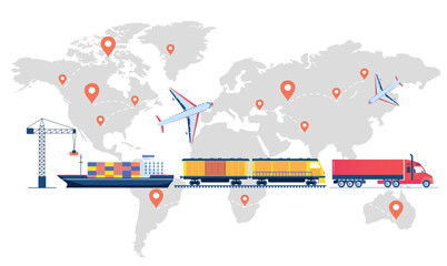 Worldwide shipping concept. Logistics and transportation of goods, international trade and globalization. Ship, train, truck and plane on background of world map. Cartoon flat vector illustration