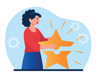 Concept of ambition. Woman with star, leadership and motivation. Hardworking employee or entrepreneur. Goal setting and vision for future. Improve and growing. Cartoon flat vector illustration