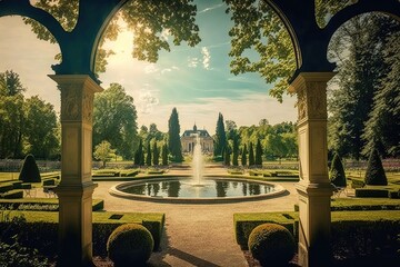 View of city park in french garden style, concept of French Architecture and Garden Design, created with Generative AI technology - obrazy, fototapety, plakaty