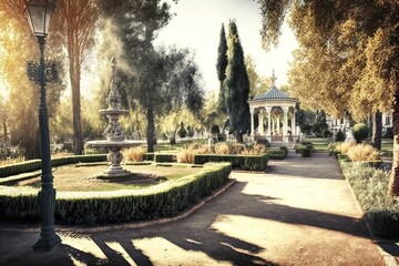 View of city park in french garden style, concept of French Architecture and Garden Design, created with Generative AI technology