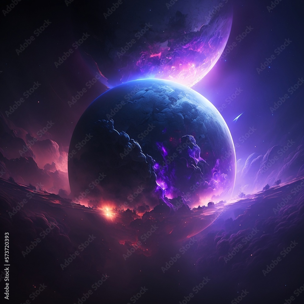 Wall mural purple and blue planet partial eclipse generative ai