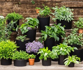 Fototapeta na wymiar green plants in pots on wooden background
