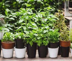 green plants in pots on wooden background