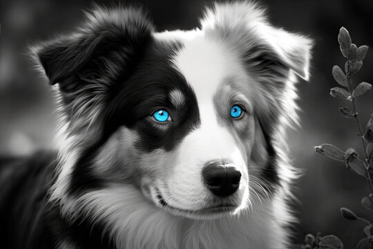 black and white dog with blue eyes made with generative ai