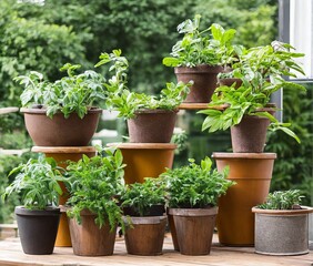 green plants in pots on wooden background