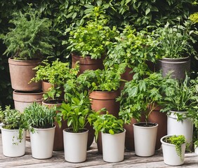Fototapeta na wymiar green plants in pots on wooden background