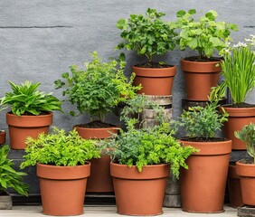 green plants in pots on wooden background