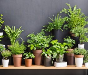 green plants in pots on wooden background