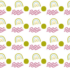 Pattern of abstract geometric shapes spring colors. Vector flat illustration. Seamless pattern. Packaging design. Rainbow, waves, circles.