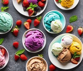 delicious ice cream scoops with fresh berries on grey background