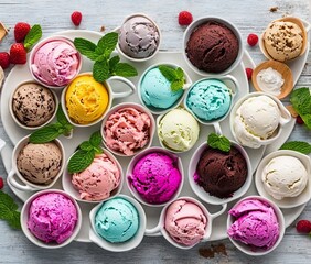 delicious ice cream scoops with fresh berries on grey background