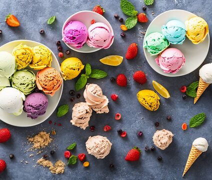 delicious ice cream scoops with fresh berries on grey background