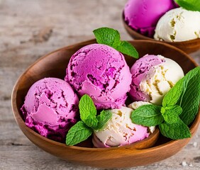 delicious ice cream scoops with fresh berries on grey background