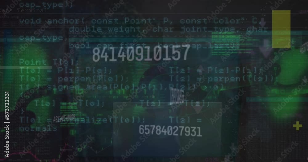 Poster animation of increasing numbers over computer language against chain on abstract background